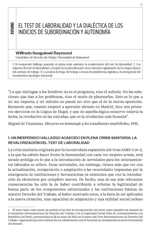 W.  Sanguineti Raymond, "El test de laboralidad y la dialéctica de los indicios de subordinación y autonomía", Revista de Derecho Social, 2022, núm. 97